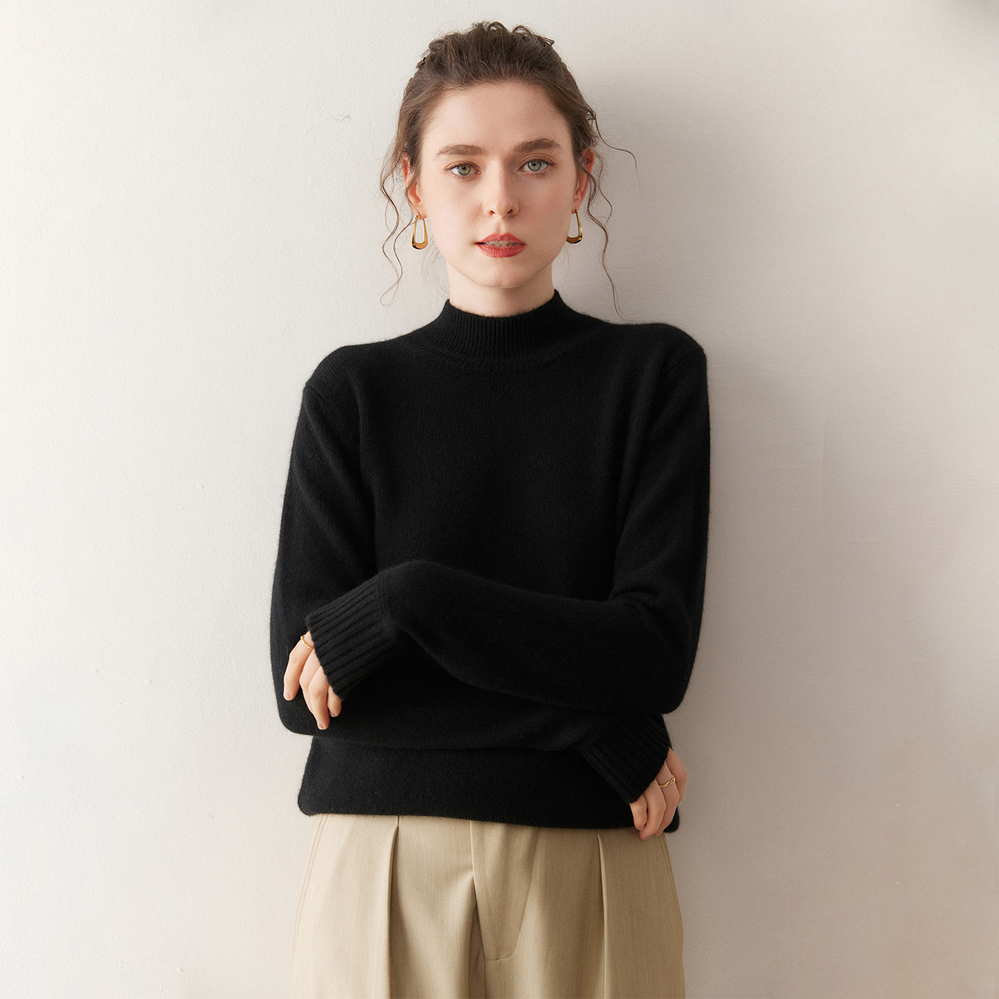 康赛妮双股加厚100%山羊绒衫女小圆领针织打底衫秋冬高档保暖毛衣 - 图2