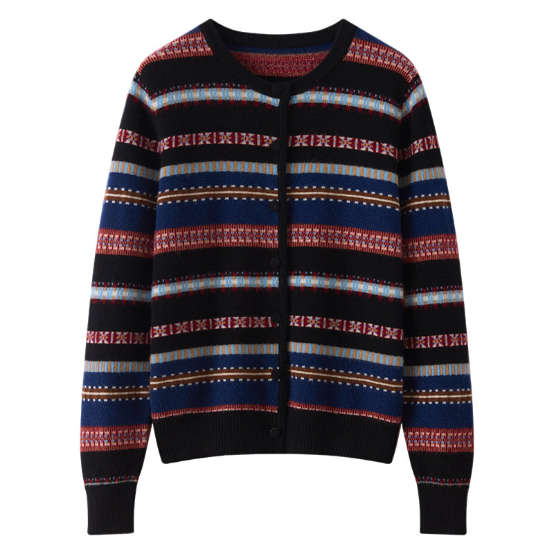 2025秋冬新款100%纯山羊绒开衫女圆领复古提花撞色条纹针织衫外套,淘宝优惠券,粉丝福利购,淘宝优惠卷