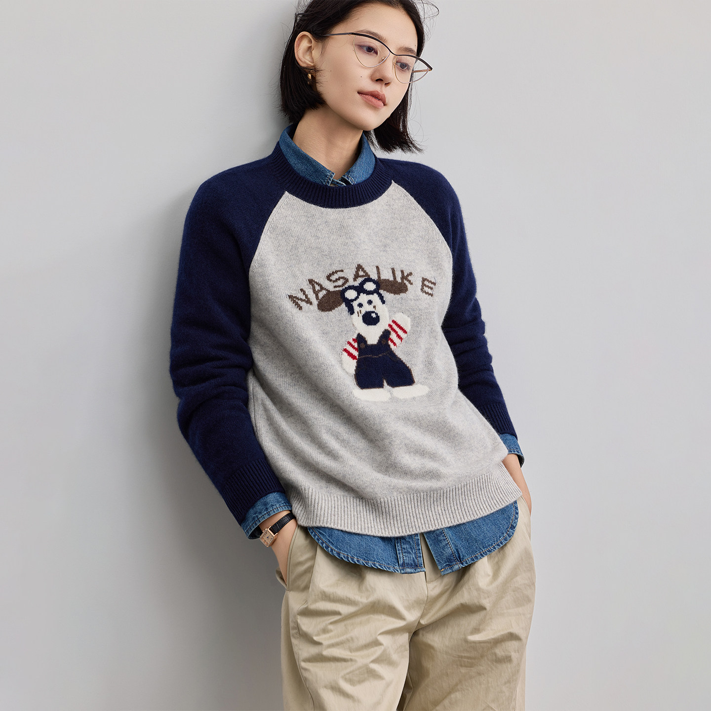 秋冬新款100%山羊绒衫圆领加厚插肩卡通减龄慵懒风百搭针织打底衫,淘宝优惠券,粉丝福利购,淘宝优惠卷