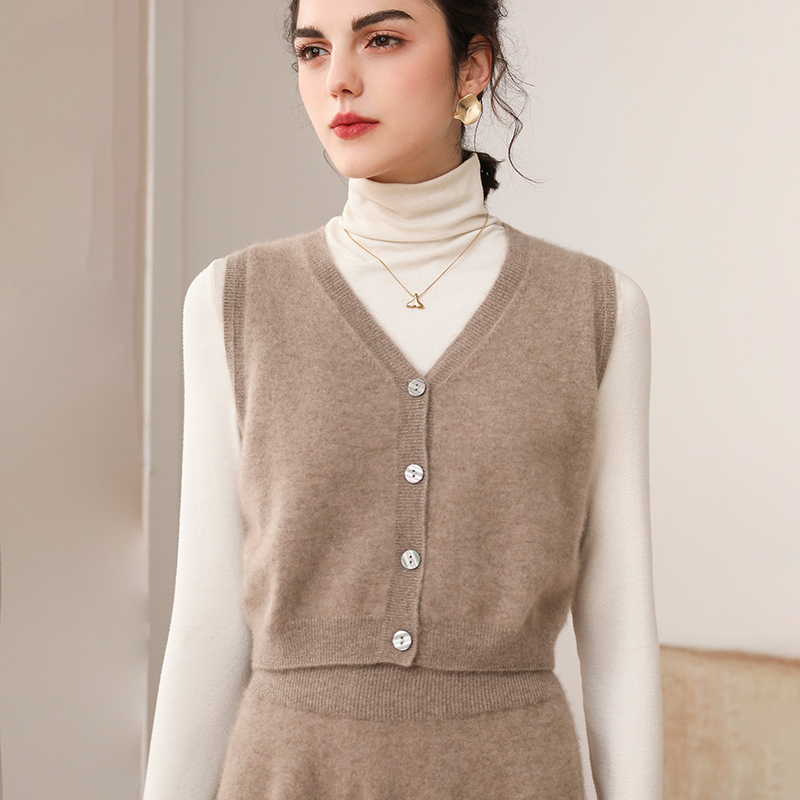 秋冬新款100纯山羊绒无袖开衫女V领休闲百搭背心简约短款针织马甲 - 图1