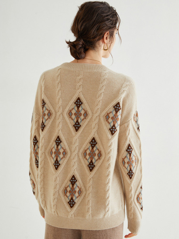 重工提花圆领羊绒衫女宽松100纯山羊绒软糯慵懒毛衣加厚秋冬外穿,淘宝优惠券,粉丝福利购,淘宝优惠卷