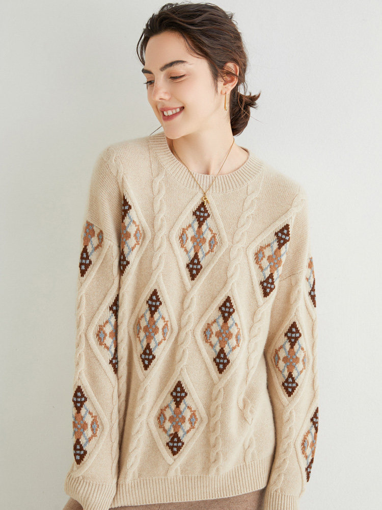 重工提花圆领羊绒衫女宽松100纯山羊绒软糯慵懒毛衣加厚秋冬外穿,淘宝优惠券,粉丝福利购,淘宝优惠卷