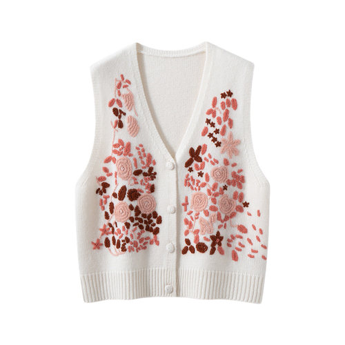 秋冬新100纯山羊绒衫女V领马甲重工手工绣花宽松百搭针织无袖开衫 - 图3