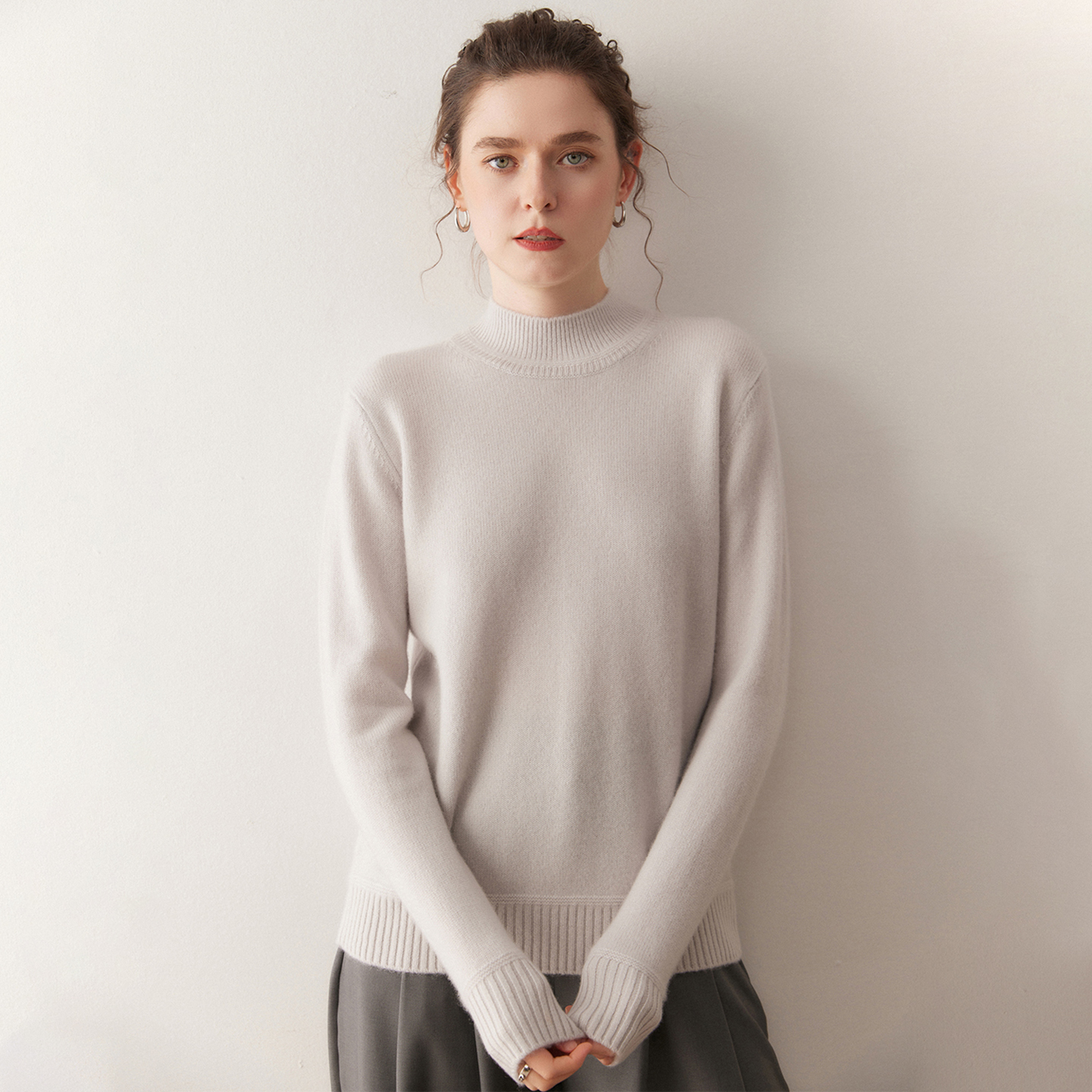 康赛妮双股加厚100%山羊绒衫女小圆领针织打底衫秋冬高档保暖毛衣 - 图0