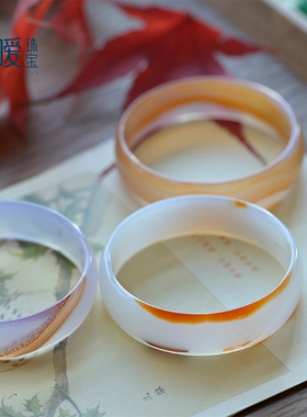 天然玛瑙手镯儿童款原色玉髓镯子刮痧玉镯白色橙色飘花水晶饰品女