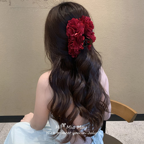 明艳动人~易梦玲同款红色高级感立体玫瑰花绝美抓夹发夹鲨鱼夹女 - 图3
