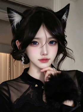 纯欲黑色猫耳朵头饰兔耳朵发箍女性感猫咪万圣节cos装扮毛绒头箍