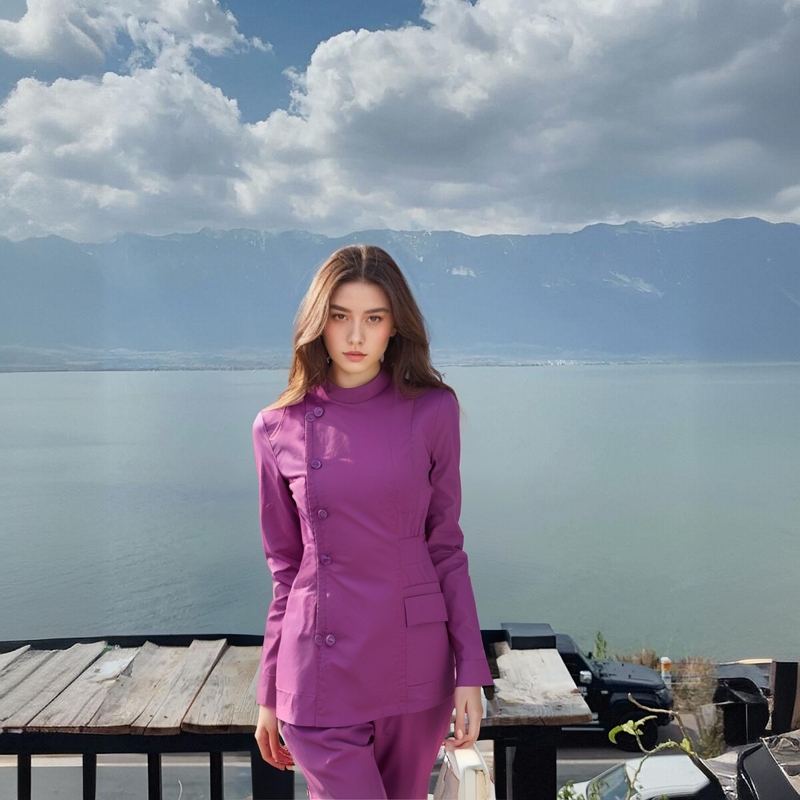 口腔医生服牙科秋冬新款护士服长袖紫色分体套装美容师服ICU深紫 - 图2