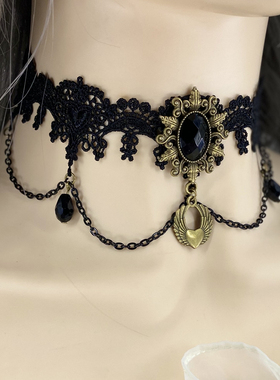 哥特风暗黑洛丽塔黑白色蕾丝外贸朋克蹦迪锁骨链choker颈带项圈女