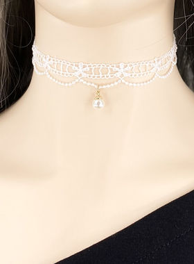 白色锁骨链蕾丝超仙丝珍珠吊坠项圈choker甜美温柔短款颈带锁骨链