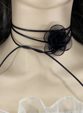 纯欲风黑色山茶花项链女法式气质脖子配饰颈链颈环choker项圈颈带