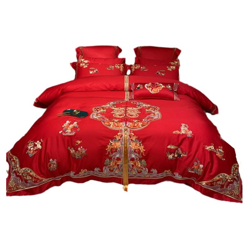 120支高端中式婚庆四件套新疆长绒棉刺绣全棉被套结婚大红色床品4,淘宝优惠券,粉丝福利购,淘宝优惠卷