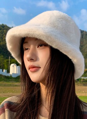 仿水貂毛绒渔夫帽女秋冬季百搭韩版保暖盆帽显脸小多色大头围帽子