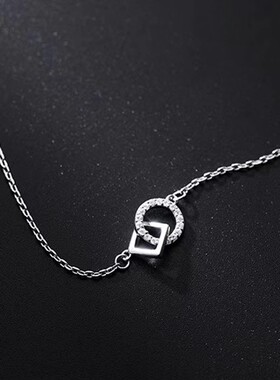 S999足银韩版圆形方形环扣几何设计项链女镶钻锁骨链女款小众轻奢
