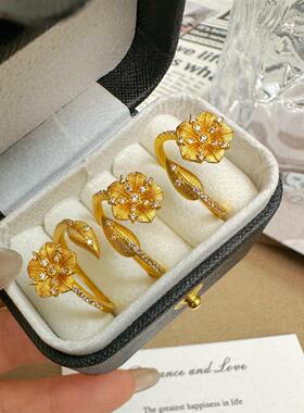 「轻金集」复古拉丝点钻新月漫舞戒指花朵指环轻奢高级开口女