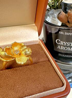 「轻金集」中式点钻拉丝立体工艺芍药花牡丹花戒指活口时尚戒指