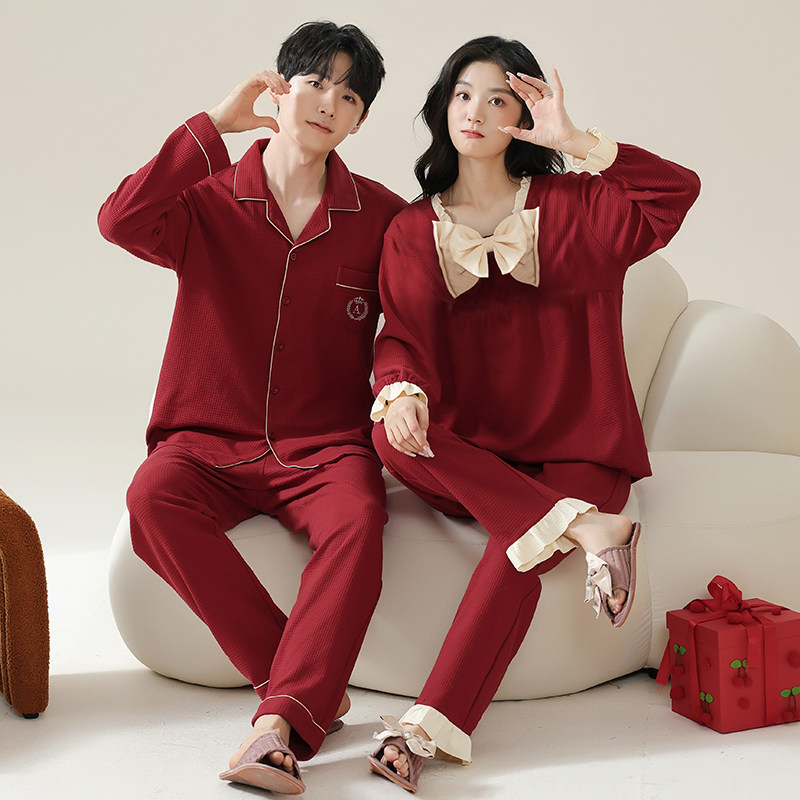 思馨坊情侣睡衣结婚新婚春秋季纯棉长袖华夫格红色男女士家居服冬,淘宝优惠券,粉丝福利购,淘宝优惠卷
