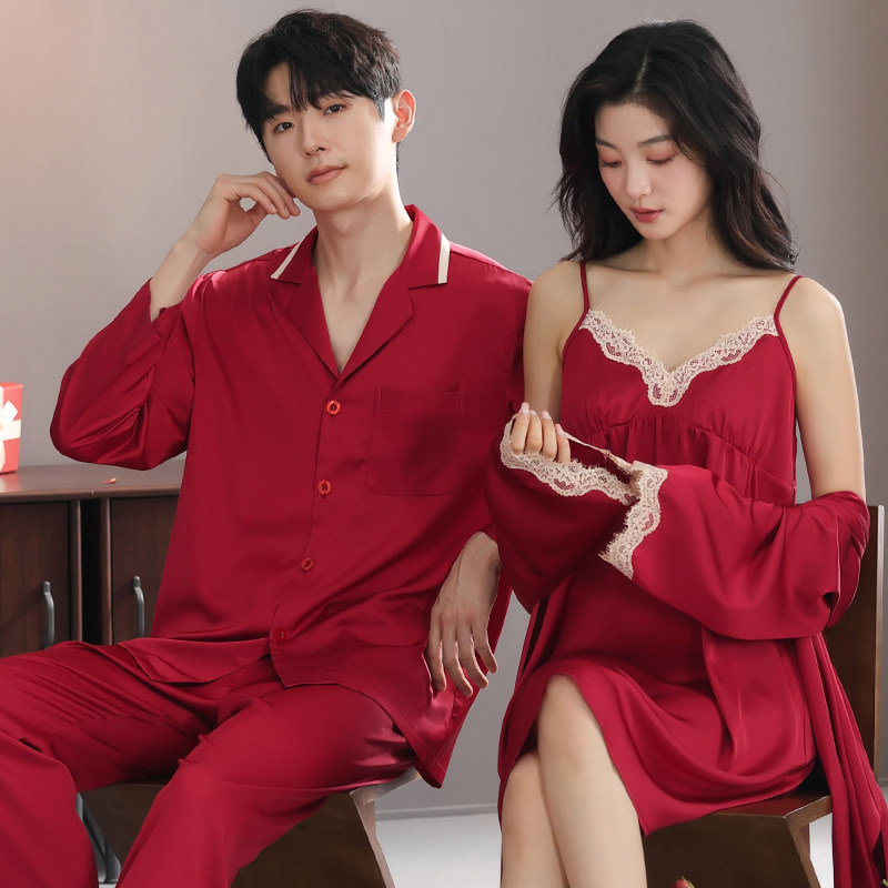 思馨坊情侣睡衣女春夏季冰丝新娘晨袍睡裙红色结婚男士家居服套装,淘宝优惠券,粉丝福利购,淘宝优惠卷