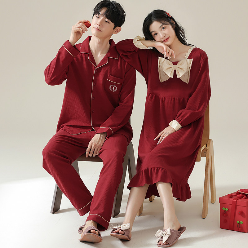 思馨坊情侣睡衣结婚新婚春秋季纯棉长袖华夫格红色男女士家居服冬,淘宝优惠券,粉丝福利购,淘宝优惠卷