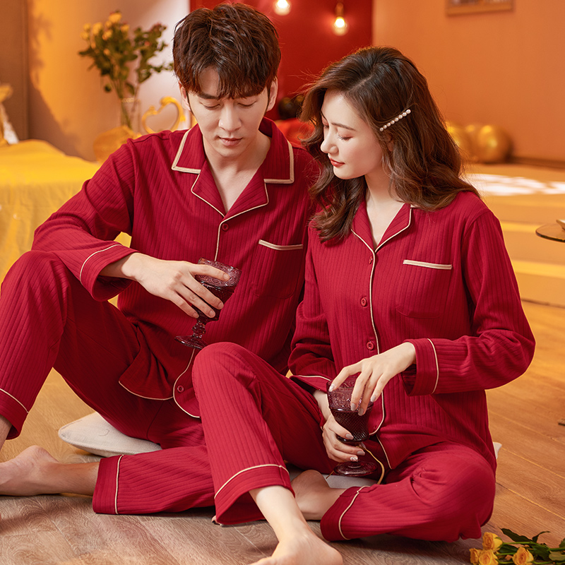 思馨坊情侣红色喜庆新婚睡衣一男一女纯棉春秋季本命年家居服套装 - 图0