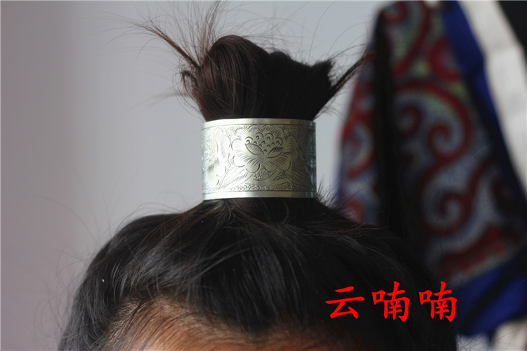 圆筒形雕花龙凤古装古风发冠束发头饰男女发箍可调节款苗银宽手镯_虎窝淘