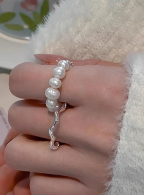 韩版珍珠戒指女小众设计感链条曲线戒指冷淡风时尚气质百搭高级感