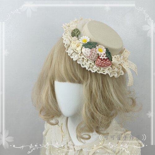 原创草莓手作小物扁帽发夹 洛丽塔甜美草莓小物蕾丝蝴蝶结发饰 - 图2