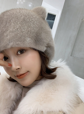 宾雅图可爱皮草帽子水貂毛猫耳朵