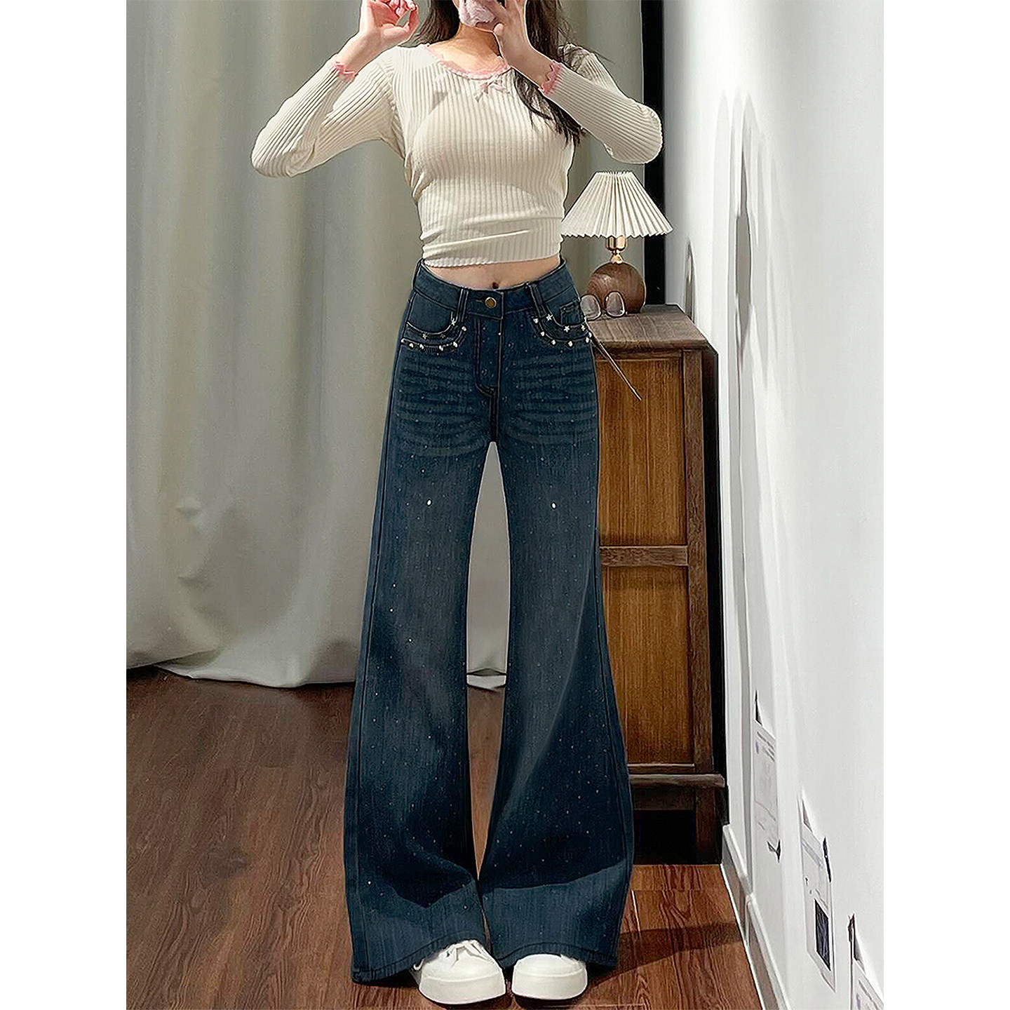 复古满天星烫钻微喇牛仔裤女早春新款胖妹妹mm梨型身材显瘦喇叭裤,淘宝优惠券,粉丝福利购,淘宝优惠卷