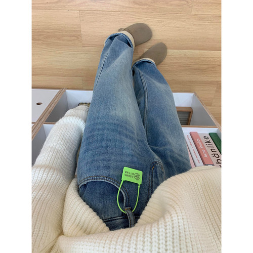 加绒加厚蓝色直筒牛仔裤女秋冬新款胖妹妹mm高腰宽松显瘦阔腿长裤 - 图2