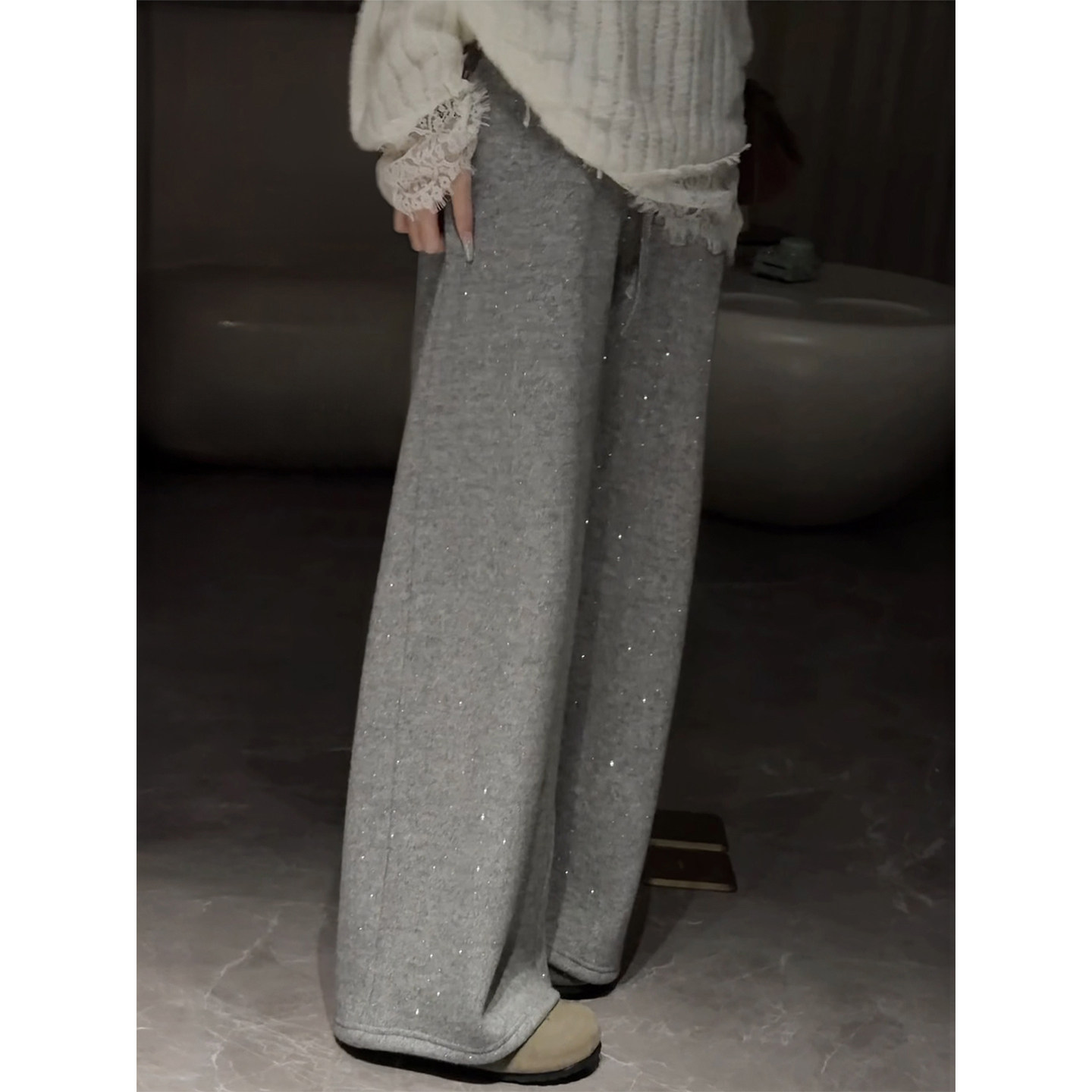 灰色闪钻加绒毛呢阔腿裤女冬季新款胖妹妹mm高腰宽松显瘦休闲裤子,淘宝优惠券,粉丝福利购,淘宝优惠卷