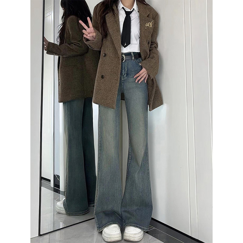 复古蓝微喇牛仔裤女秋冬加绒胖妹妹mm高腰显瘦不贴腿弹力喇叭裤子,淘宝优惠券,粉丝福利购,淘宝优惠卷