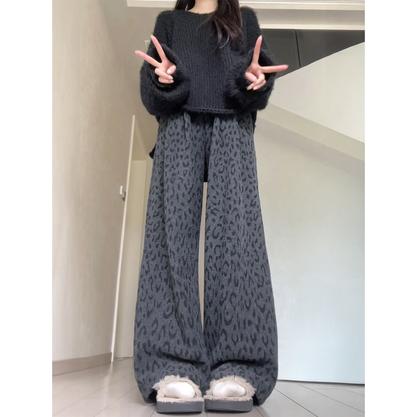 加绒加厚豹纹裤子女冬季新款胖妹妹mm高腰宽松显瘦阔腿糯米休闲裤,淘宝优惠券,粉丝福利购,淘宝优惠卷