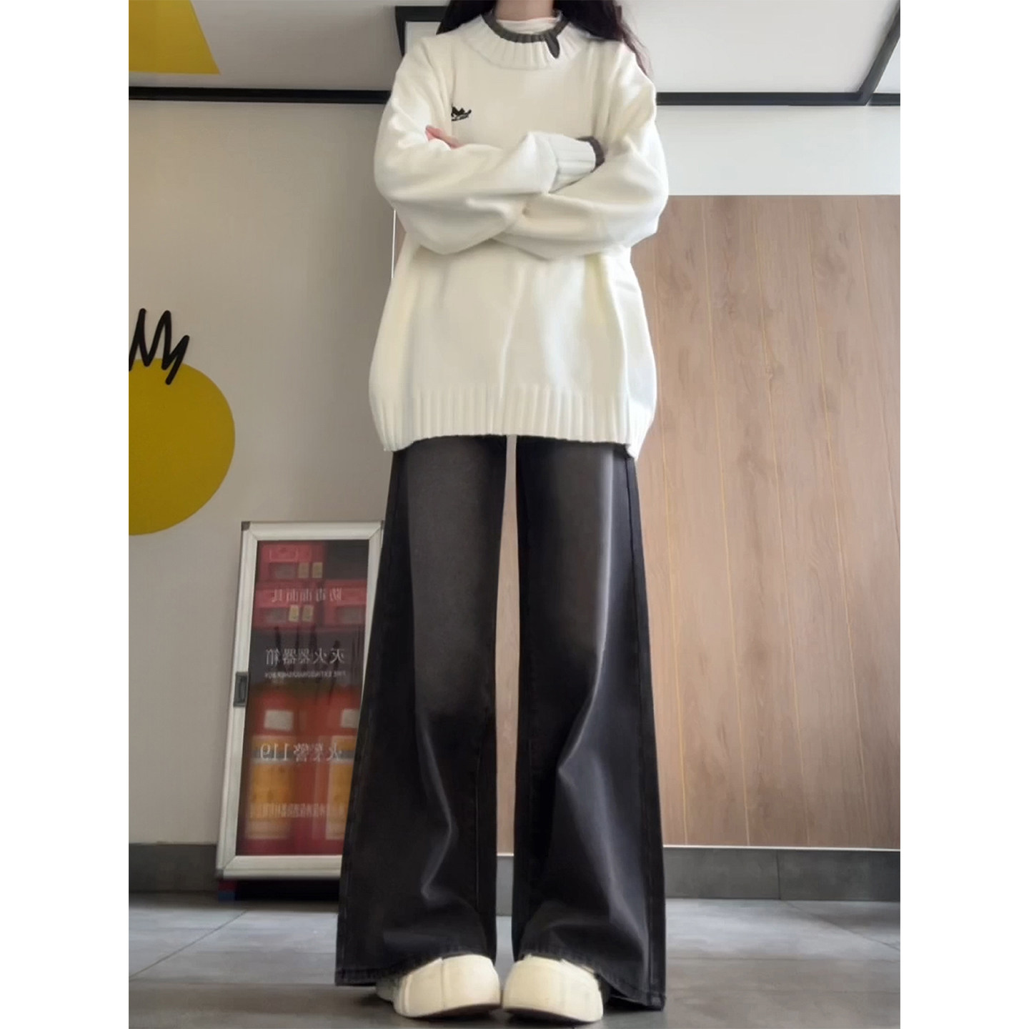 黑灰色阔腿牛仔裤女秋冬新款胖妹妹mm梨型身材高腰宽松显瘦直筒裤,淘宝优惠券,粉丝福利购,淘宝优惠卷