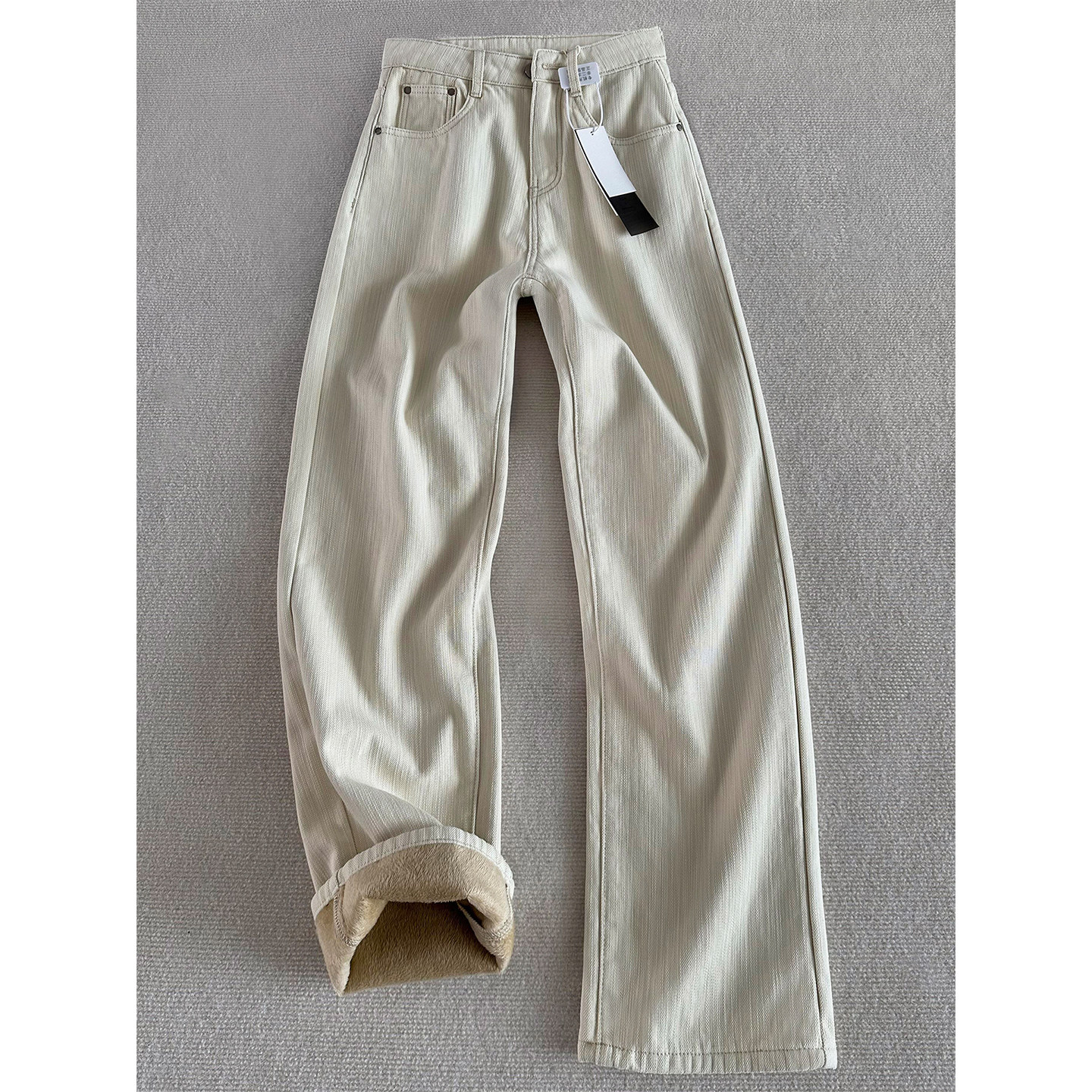 米杏色加绒加厚直筒牛仔裤女冬季胖妹妹mm高腰宽松显瘦阔腿长裤子,淘宝优惠券,粉丝福利购,淘宝优惠卷