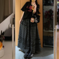 黑白格子半身裙女秋冬新款 胖妹妹mm高腰遮胯显瘦蛋糕a字大摆裙子