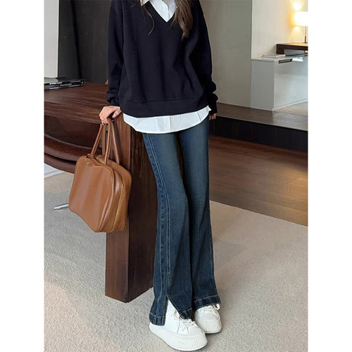 深蓝色开叉微喇牛仔裤女秋冬新款胖妹妹mm梨型身材高腰显瘦喇叭裤 - 图2