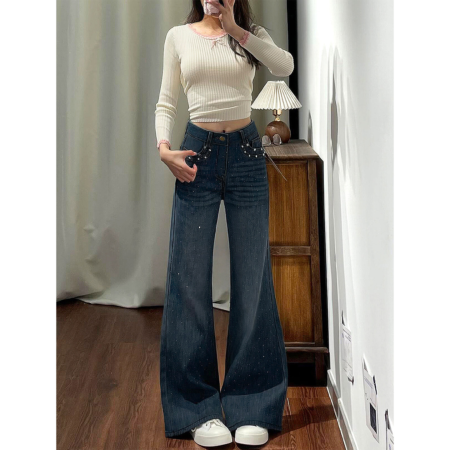 复古满天星烫钻微喇牛仔裤女早春新款胖妹妹mm梨型身材显瘦喇叭裤,淘宝优惠券,粉丝福利购,淘宝优惠卷