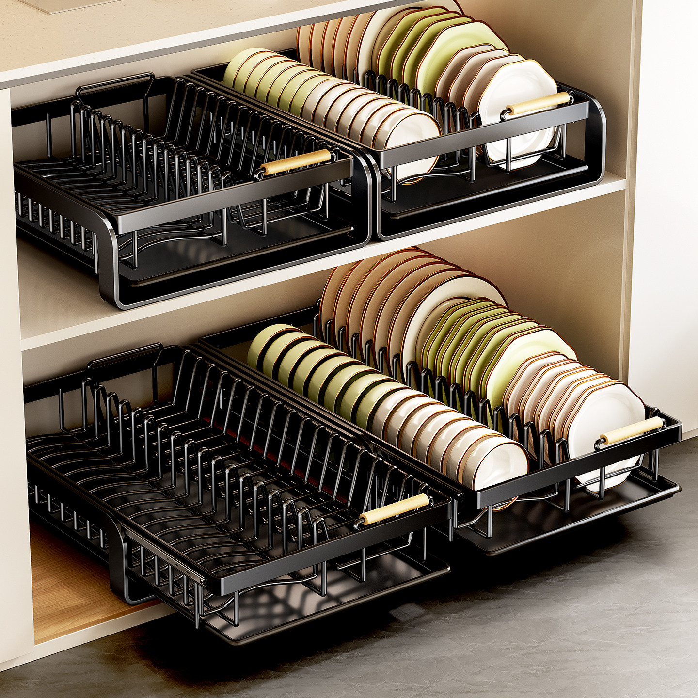 碗碟收纳架厨房抽屉置物架橱柜内置式拉篮大容量抽拉碗盘沥水碗架,淘宝优惠券,粉丝福利购,淘宝优惠卷