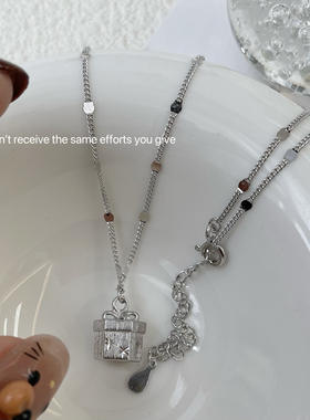 S925纯银肌理纹方块盒子锁骨项链小众设计ins气质高级百搭时尚