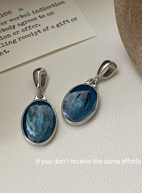 S925纯银蓝色椭圆人像吊坠两面佩戴高级百搭小众设计时尚气质