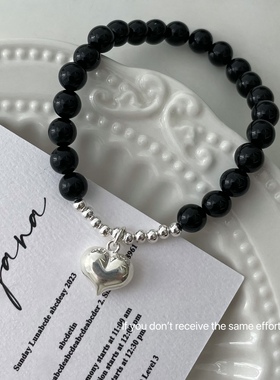 S925纯银小众黑玛瑙圆珠爱心项链秋冬火爆款手链项链简约ins套装