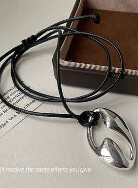 S925纯银镂空T字黑色皮绳项链女欧美轻奢小众设计时尚高级感项链