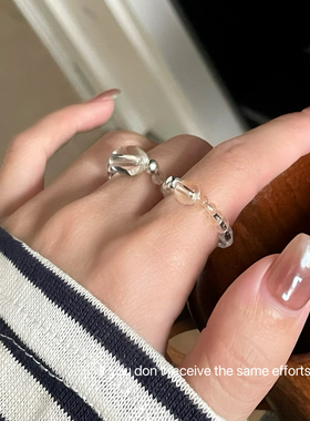 S925纯银白水晶银珠戒指 叠戴ins女韩国东大门小众设计春夏新款