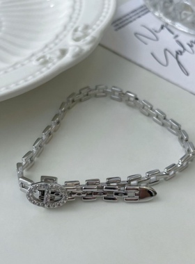 S925纯银镶钻猪鼻子表带手链ins简约轻奢高级感小众设计可调节款