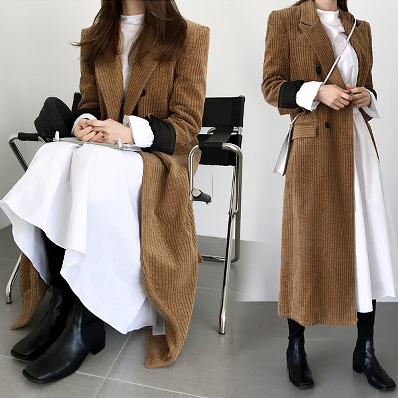 韩国2020春装新款chic过膝条绒大衣 珞袈风衣