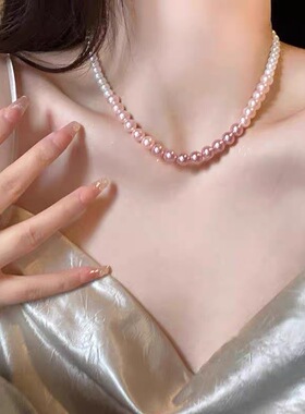 渐变粉珍珠项链锁骨链适合夏天戴