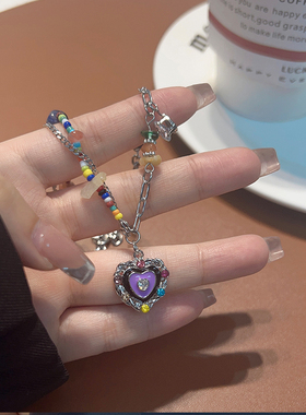 unbeatne新款彩色滴釉爱心项链女