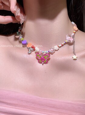 unbeaten彩色爱心蝴蝶串珠项链女
