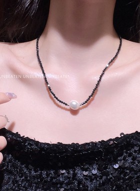 unbeaten黑色水晶珍珠项链女